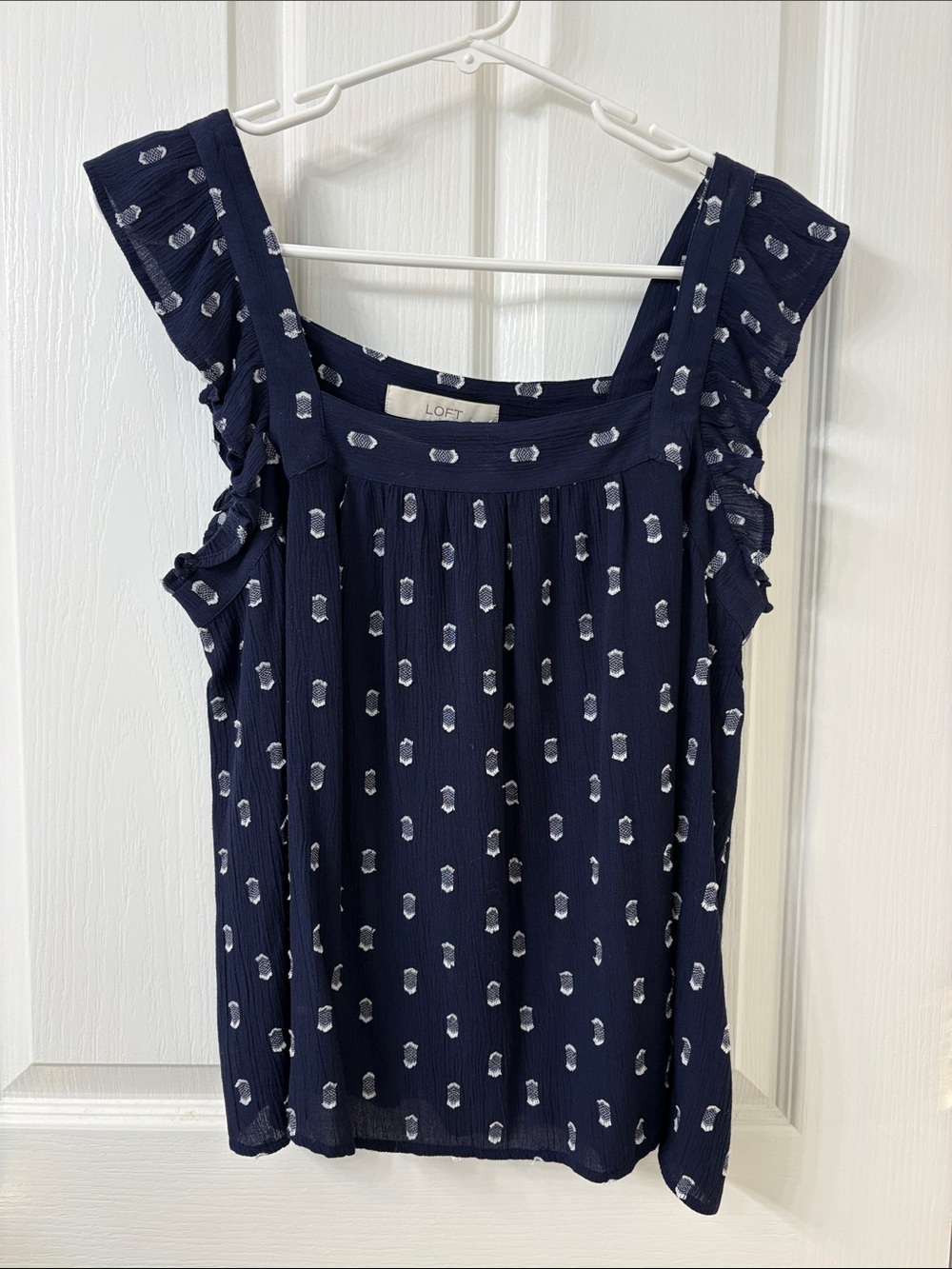 LOFT Navy & White Ruffle-Shoulder Printed Tank